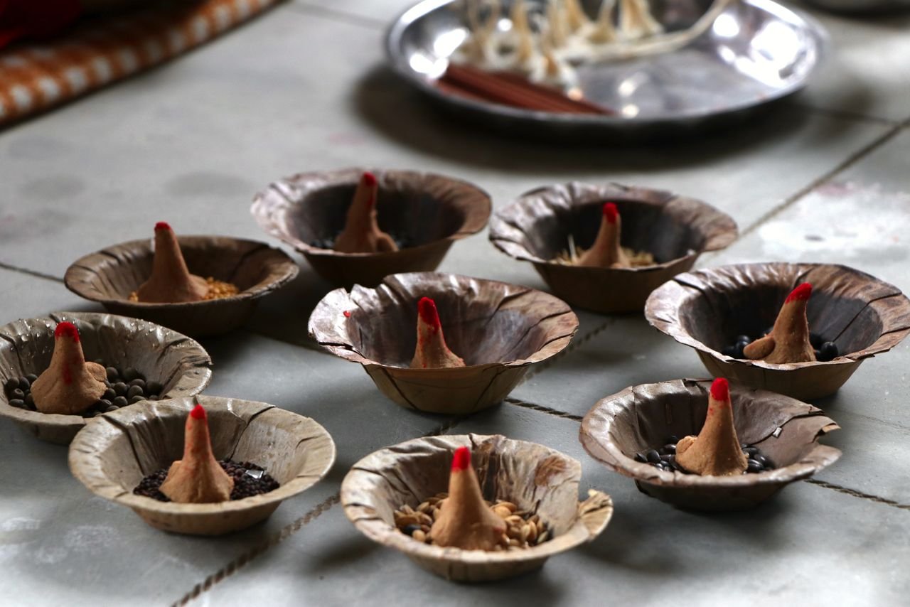 Close-up of Newari traditional ritual items used for cultural ceremonies in Nepal.